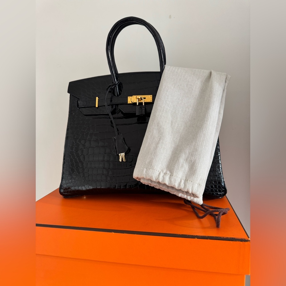 Hermès Birkin 35 – Shiny Porosus Crocodile, Black Box Dust Bag keys Clothette - Picture 10 of 16